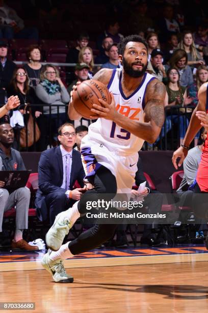 Xavier Silas of the Northern Arizona Suns handles the ball against the Agua Caliente Clippers on November 4, 2017 at Prescott Valley Event Center in...