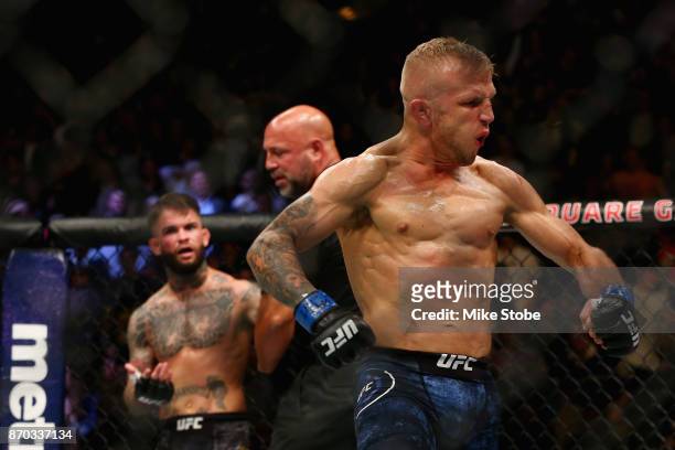 Dillashaw reacts during his UFC bantamweight championship bout against Cody Garbrandt during the UFC 217 event at Madison Square Garden on November...