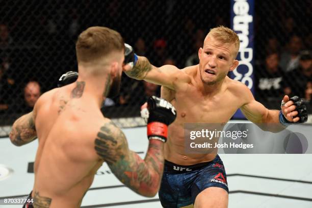 Dillashaw lands a punch against Cody Garbrandt in their UFC bantamweight championship bout during the UFC 217 event at Madison Square Garden on...