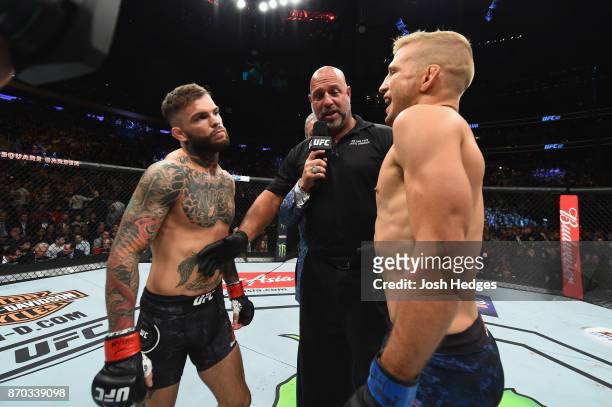 Dillashaw and Cody Garbrandt face off before their UFC bantamweight championship bout during the UFC 217 event at Madison Square Garden on November...