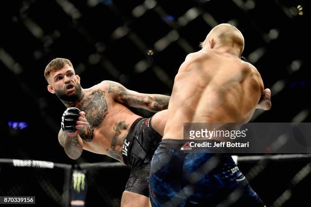 Dillashaw fights Cody Garbrandt in their UFC bantamweight championship bout during the UFC 217 event at Madison Square Garden on November 4, 2017 in...