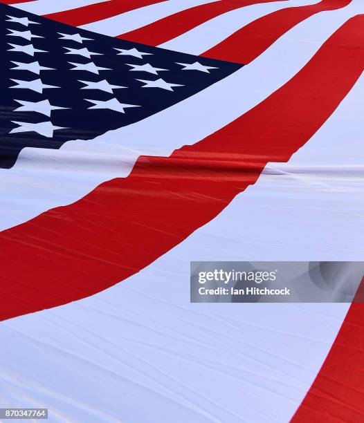 Seen is a large USA flag before the start of the 2017 Rugby League World Cup match between Italy and the USA at 1300SMILES Stadium on November 5,...