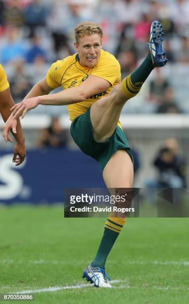Reece Hodge of Australia kicks the ball upfield during the rugby union international match between Japan and Australia Wallabies at Nissan Stadium on...