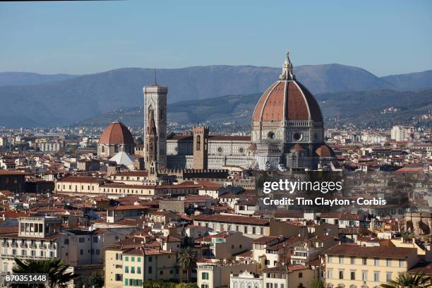 NA panoramic view of Florence showing Florence's Cathedral, Basilica di Santa Maria del Fiore, known as Duomo in Florence, Italy. The Duomo is the...