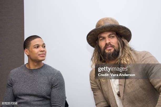 Ray Fisher and Jason Momoa at the "Justice League" Press Conference at The Rosewood Hotel on November 3, 2017 in London, England.