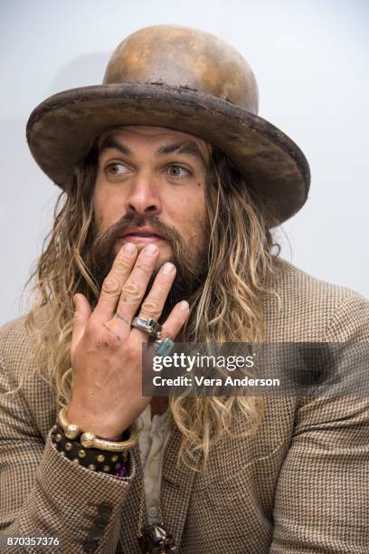 Jason Momoa at the "Justice League" Press Conference at The Rosewood Hotel on November 3, 2017 in London, England.