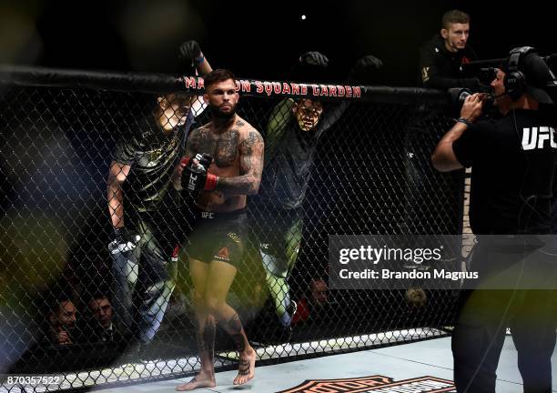 Cody Garbrandt enters the Octagon before facing TJ Dillashaw in their UFC bantamweight championship bout during the UFC 217 event inside Madison...