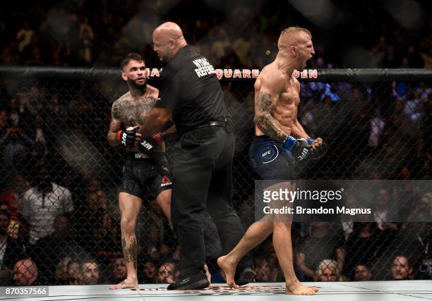 Dillashaw celebrates his knockout victory over Cody Garbrandt in their UFC bantamweight championship bout during the UFC 217 event inside Madison...