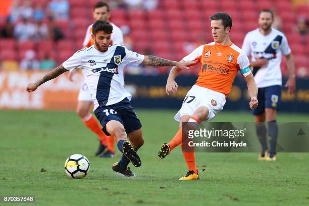 Matthew McKay of the Roar kicks during the round five A-League match between the Brisbane Roar and the Central Coast Mariners at Suncorp Stadium on...