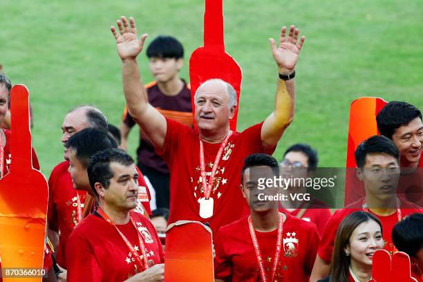 Manager Luiz Felipe Scolari of Guangzhou Evergrande attends the Champion Award Ceremony for 2017 Chinese Football Association Super League on...