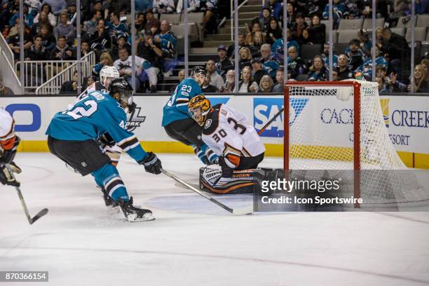 San Jose Sharks right wing Joel Ward scores a goal during the third period to tie the regular season game between the San Jose Sharks and the Anaheim...