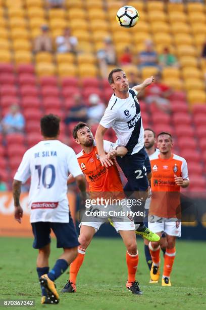 Wout Brama of the Mariners heads the ball during the round five A-League match between the Brisbane Roar and the Central Coast Mariners at Suncorp...