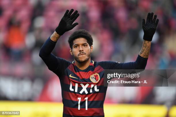 Leandro of Kashima Antlers applauds supporters after his side's 1-0 victory in the J.League J1 match between Kashima Antlers and Urawa Red Diamonds...