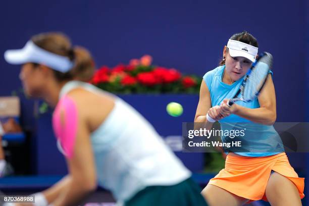 Yingying Duan and Xinyun Han of China in the doubles final against Jingjing Lu and Shuai Zhang of China during the WTA Elite Trophy Zhuhai 2017 at...