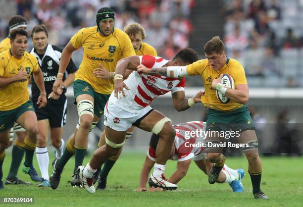 Sean McMahon of Australia breaks with the ball during the rugby union international match between Japan and Australia Wallabies at Nissan Stadium on...