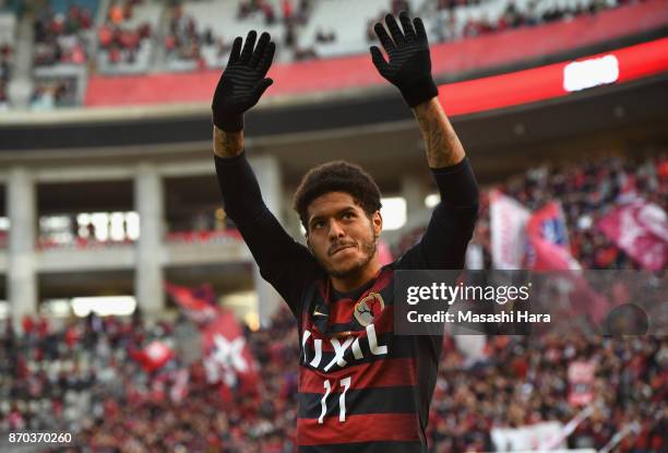 Leandro of Kashima Antlers applauds supporters after his side's 1-0 victory in the J.League J1 match between Kashima Antlers and Urawa Red Diamonds...