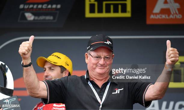 Dave Richards father of the late Jason Richards is pictured on the poidium after race 24 for the Auckland SuperSprint, which is part of the Supercars...