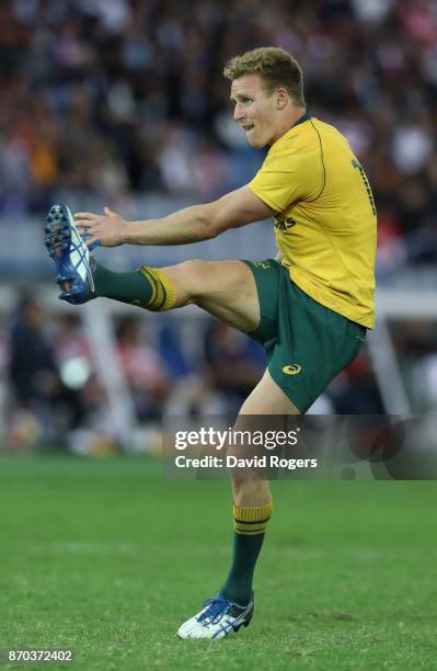 Reece Hodge of Autralia kicks a conversion during the rugby union international match between Japan and Australia Wallabies at Nissan Stadium on...