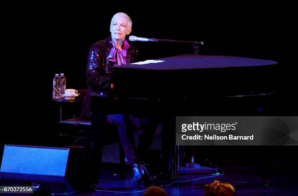 Musician Annie Lennox, wearing Gucci, performs onstage during the 2017 LACMA Art + Film Gala Honoring Mark Bradford and George Lucas presented by...