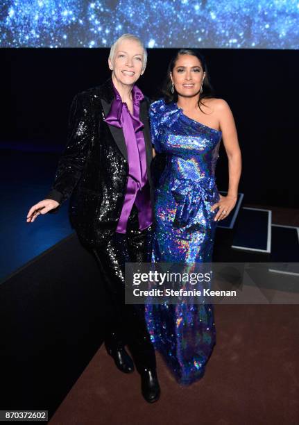 Musician Annie Lennox and actor Salma Hayek, both wearing Gucci, attend the 2017 LACMA Art + Film Gala Honoring Mark Bradford and George Lucas...