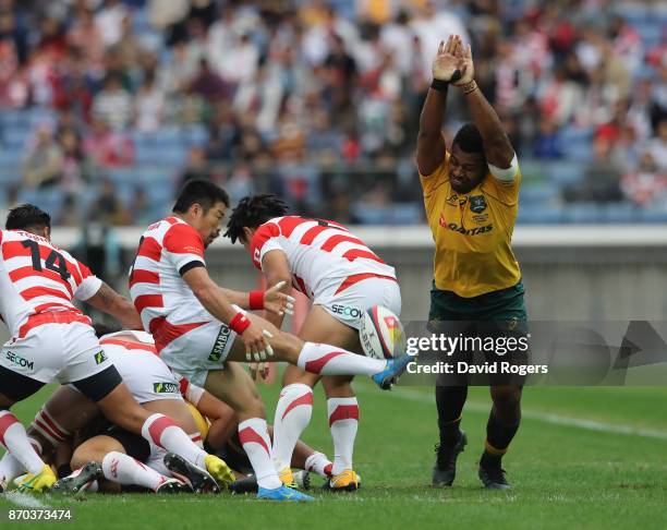 Fumiaki Tanaka of Japan kicks the ball upfield during the rugby union international match between Japan and Australia Wallabies at Nissan Stadium on...