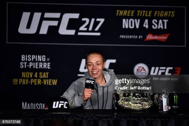 Rose Namajunas speaks to the media during the UFC 217 post fight press conference event inside Madison Square Garden on November 4, 2017 in New York...