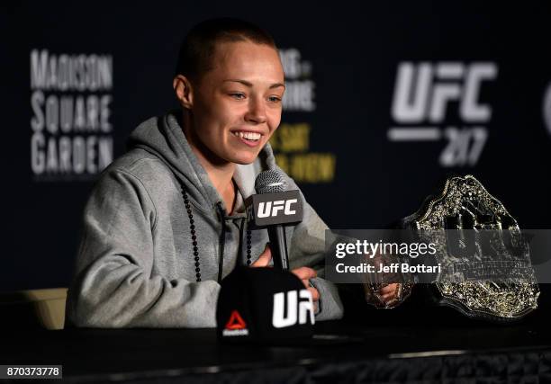 Rose Namajunas speaks to the media during the UFC 217 post fight press conference event inside Madison Square Garden on November 4, 2017 in New York...