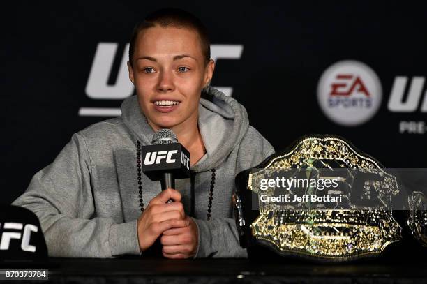 Rose Namajunas speaks to the media during the UFC 217 post fight press conference event inside Madison Square Garden on November 4, 2017 in New York...