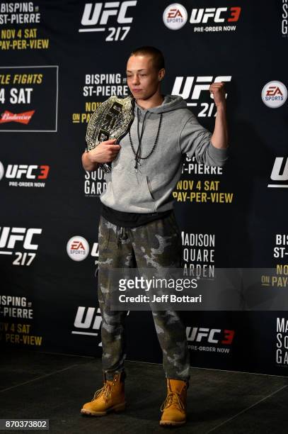 Rose Namajunas speaks to the media during the UFC 217 post fight press conference event inside Madison Square Garden on November 4, 2017 in New York...