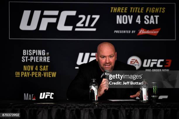 President Dana White speaks to the media during the UFC 217 post fight press conference event inside Madison Square Garden on November 4, 2017 in New...