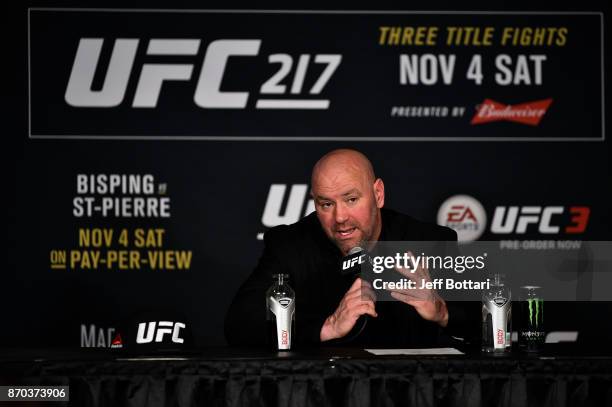 President Dana White speaks to the media during the UFC 217 post fight press conference event inside Madison Square Garden on November 4, 2017 in New...