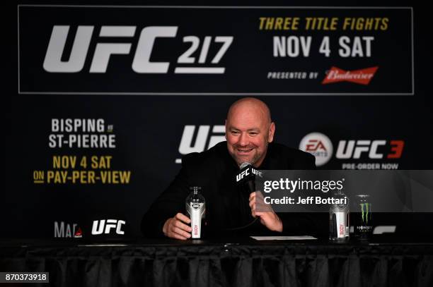 President Dana White speaks to the media during the UFC 217 post fight press conference event inside Madison Square Garden on November 4, 2017 in New...