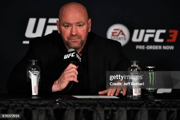 President Dana White speaks to the media during the UFC 217 post fight press conference event inside Madison Square Garden on November 4, 2017 in New...