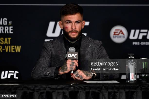 Cody Garbrandt speaks to the media during the UFC 217 post fight press conference event inside Madison Square Garden on November 4, 2017 in New York...