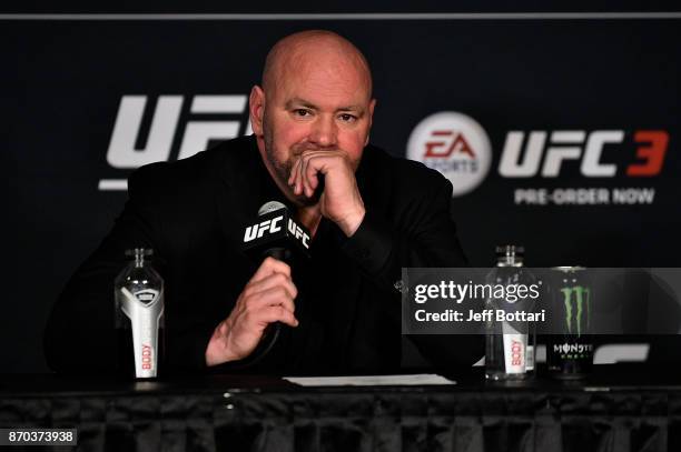 President Dana White speaks to the media during the UFC 217 post fight press conference event inside Madison Square Garden on November 4, 2017 in New...