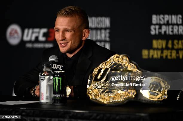 Dillashaw speaks to the media during the UFC 217 post fight press conference event inside Madison Square Garden on November 4, 2017 in New York City.