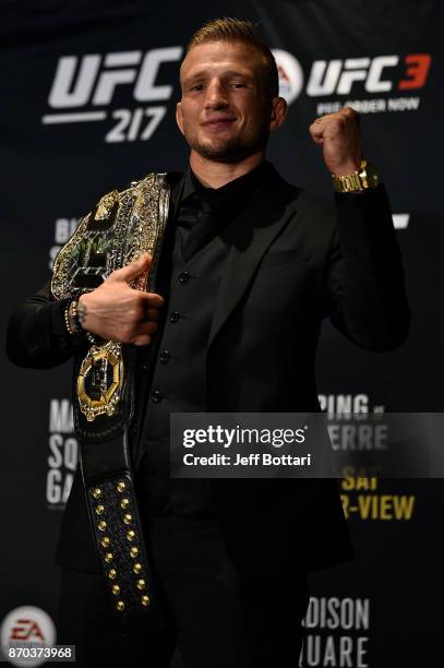 Dillashaw poses for a photo during the UFC 217 post fight press conference event inside Madison Square Garden on November 4, 2017 in New York City.