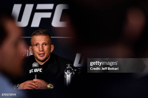 Dillashaw speaks to the media during the UFC 217 post fight press conference event inside Madison Square Garden on November 4, 2017 in New York City.