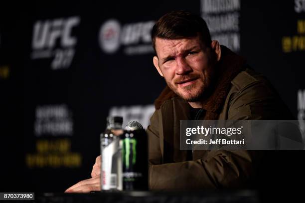 Michael Bisping of England speaks to the media during the UFC 217 post fight press conference event inside Madison Square Garden on November 4, 2017...