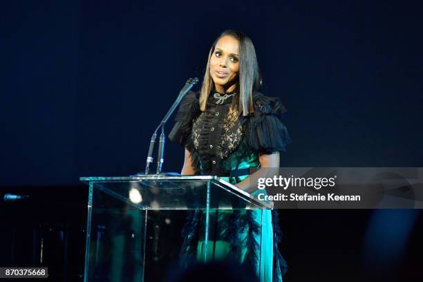 Kerry Washington, wearing Gucci, speaks onstage during the 2017 LACMA Art + Film Gala Honoring Mark Bradford and George Lucas presented by Gucci at...