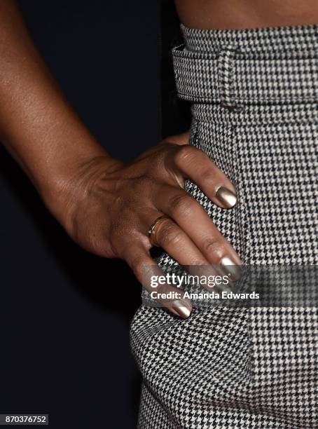 Actress Kelly McCreary, manicure detail, arrives at the 300th Episode Celebration for ABC's "Grey's Anatomy" at TAO Hollywood on November 4, 2017 in...