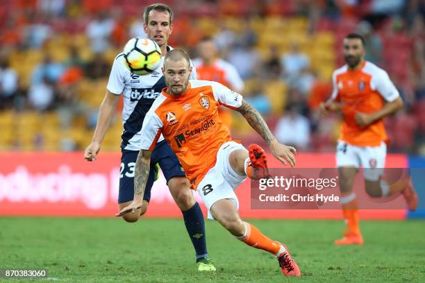 Jacob Pepper of the Roar kicks during the round five A-League match between the Brisbane Roar and the Central Coast Mariners at Suncorp Stadium on...