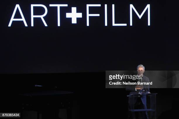 And Wallis Annenberg Director Michael Govan, wearing Gucci, speaks onstage at the 2017 LACMA Art + Film Gala Honoring Mark Bradford and George Lucas...