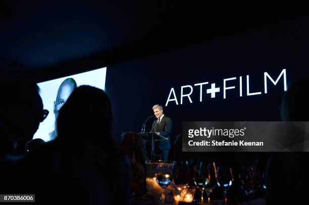 And Wallis Annenberg Director Michael Govan, wearing Gucci, speaks onstage during the 2017 LACMA Art + Film Gala Honoring Mark Bradford and George...