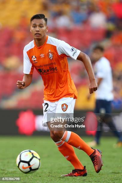 Dane Ingham of the Roar controls the ball during the round five A-League match between the Brisbane Roar and the Central Coast Mariners at Suncorp...