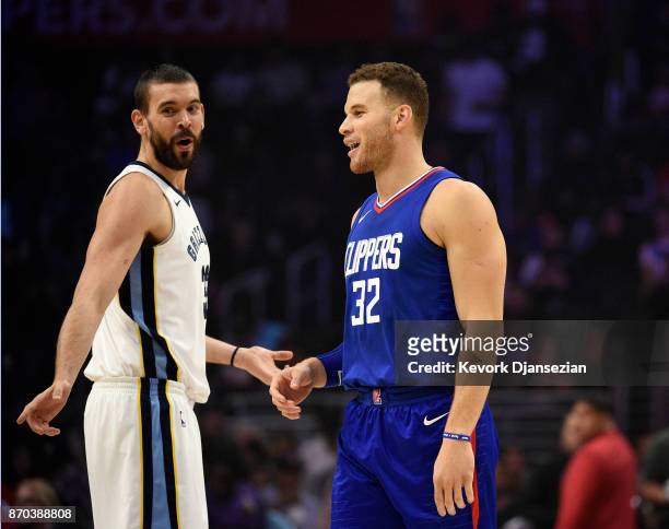 Marc Gasol of the Memphis Grizzlies and Blake Griffin of the Los Angeles Clippers greet during the basketball game at Staples Center November 4 2017,...