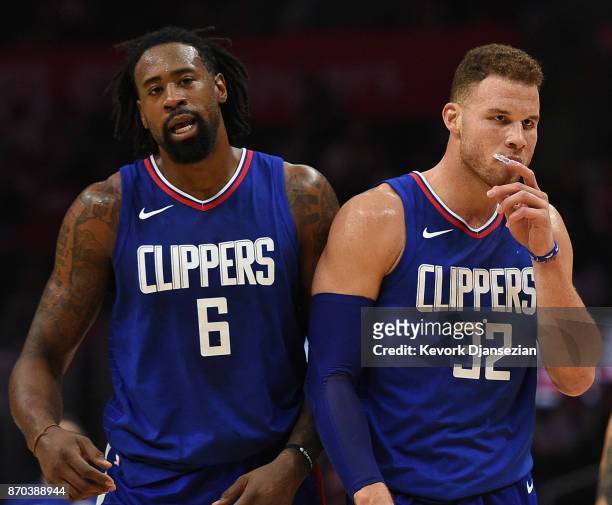 DeAndre Jordan and Blake Griffin of the Los Angeles Clippers reacts during the second half of the basketball game against Memphis Grizzlies at...