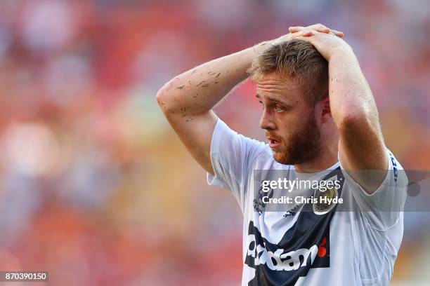 Connor Pain of the Mariners looks on during the round five A-League match between the Brisbane Roar and the Central Coast Mariners at Suncorp Stadium...