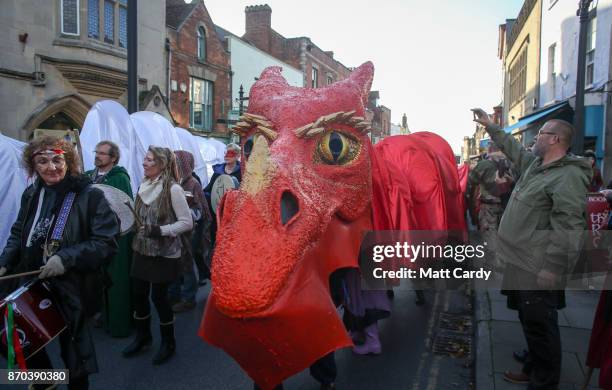 The Glastonbury Dragons are paraded through the town as they celebrate Samhain at the Glastonbury Dragons Samhain Wild Hunt 2017 in Glastonbury on...