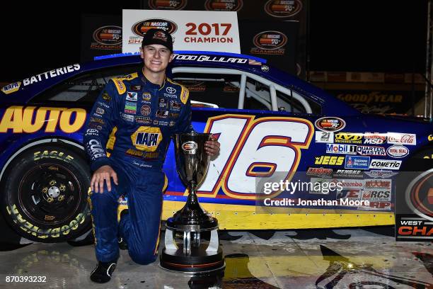 Todd Gilliland, driver of the NAPA Auto Parts Toyota, in victory lane after being named 2017 NASCAR K&N Pro Series West 2017 Champion after the...